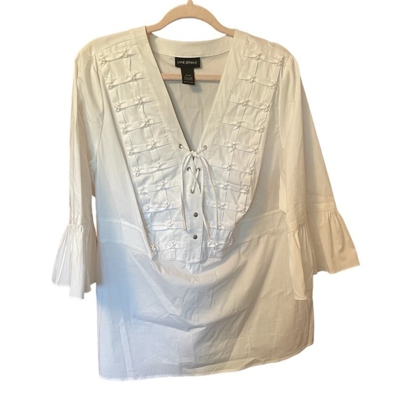 Lane Bryant Pullover White/Blouse-Pleated- Lace Up-Bell Sleeves- Sizes 18-20 - Picture 2 of 9
